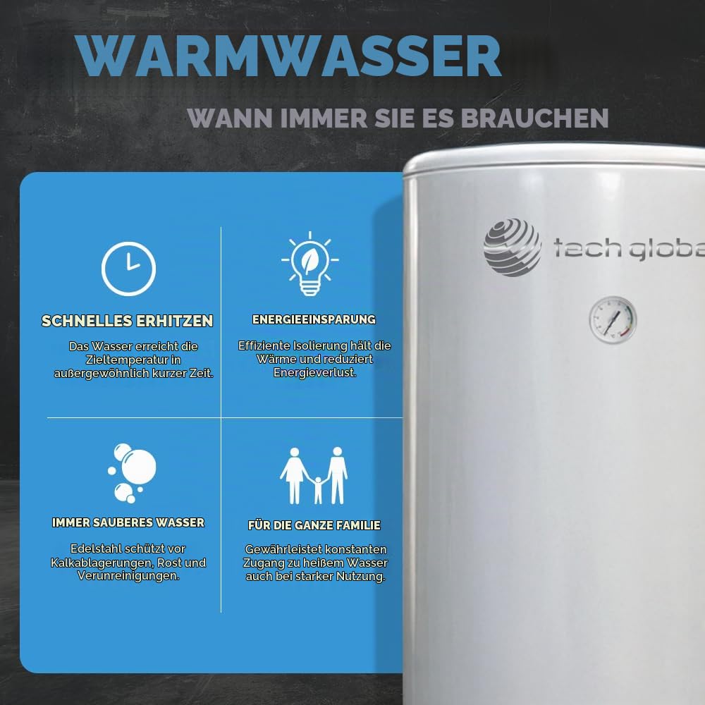 TECHGLOBE - Brauchwasserspeicher mit 2 Wärmetauscher (1.8 + 2.4 m²) - Komplett aus Edelstahl - Energieeffizient Warmwasserspeicher- mit 50mm Isolierung (200 L)