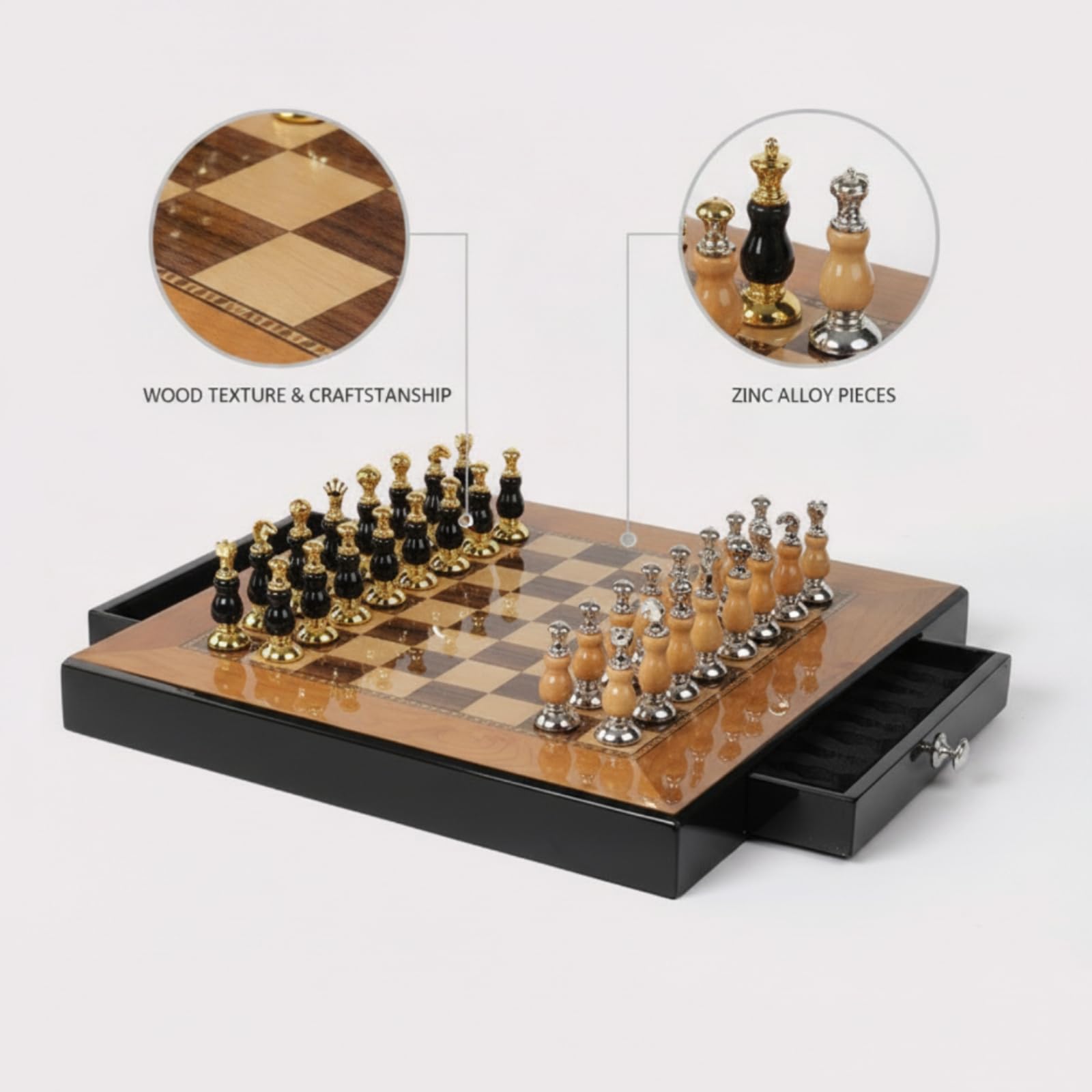 Ajedrez Tablero Juego con Tablero de Madera Juego de Piezas Cajones Superficie Reluciente y Estilo Sofisticado Adecuado para Amigos Hogar Oficina, 40 40 6CM, Borde Recto 7kg
