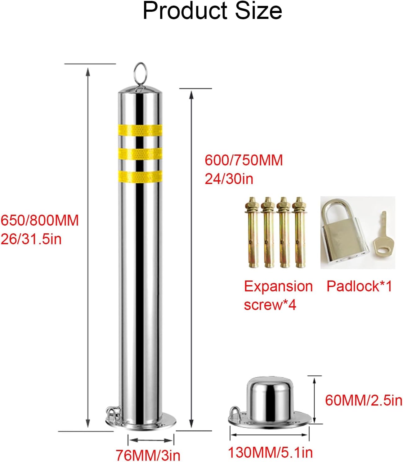 Driveway Security Bollard Removable Stainless Steel with 4 Anchor Bolts for Parking & Road Safety Barriers