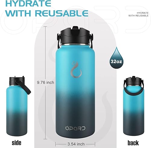 Miniatura 2 de Opard Botella de agua deportiva de 32 onzas, 3 tapas (tapa con pajilla, tapa abatible, tapa de boquilla), a prueba de fugas, acero inoxidable