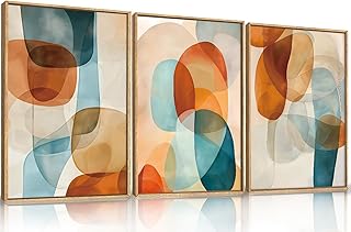 Large Abstract Color Block Framed Canvas Wall Art,Boho Orange and Blue O...
