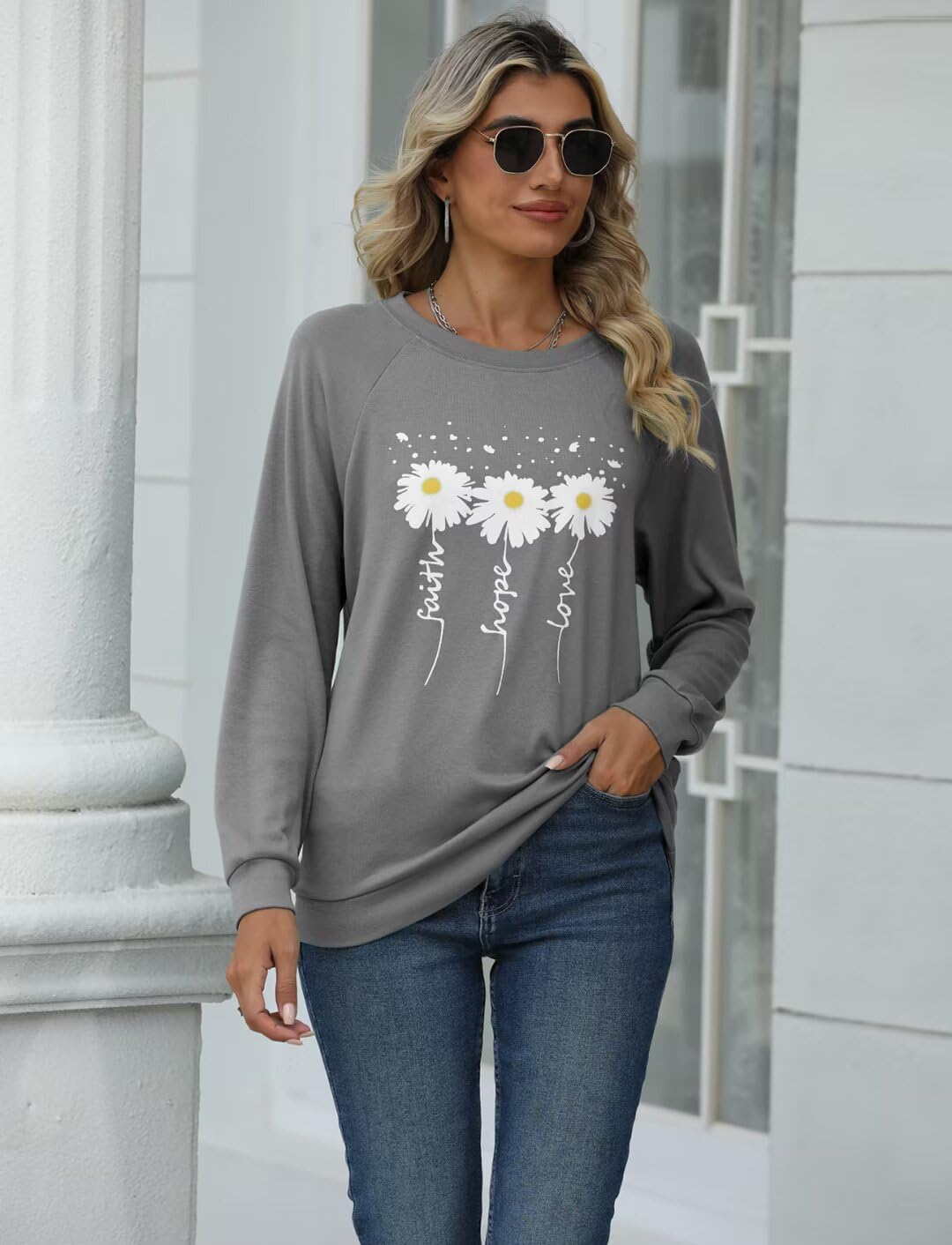 EADINVE Women Crewneck Daisy Print Long Sleeve Sweatshirts Faith-Hope-Love Graphic Tops Casual Loose Fit Pullover Shirts - Image 2