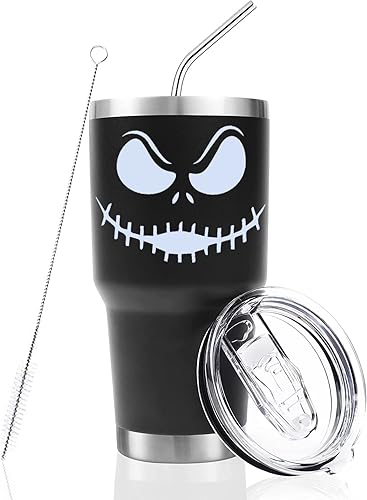 Miniatura 1 de Vaso de acero inoxidable de tres capas con aislamiento lindo Jack Skellington de 30 onzas con tapa y pajitas tazas de viaje tazas de café divertidas