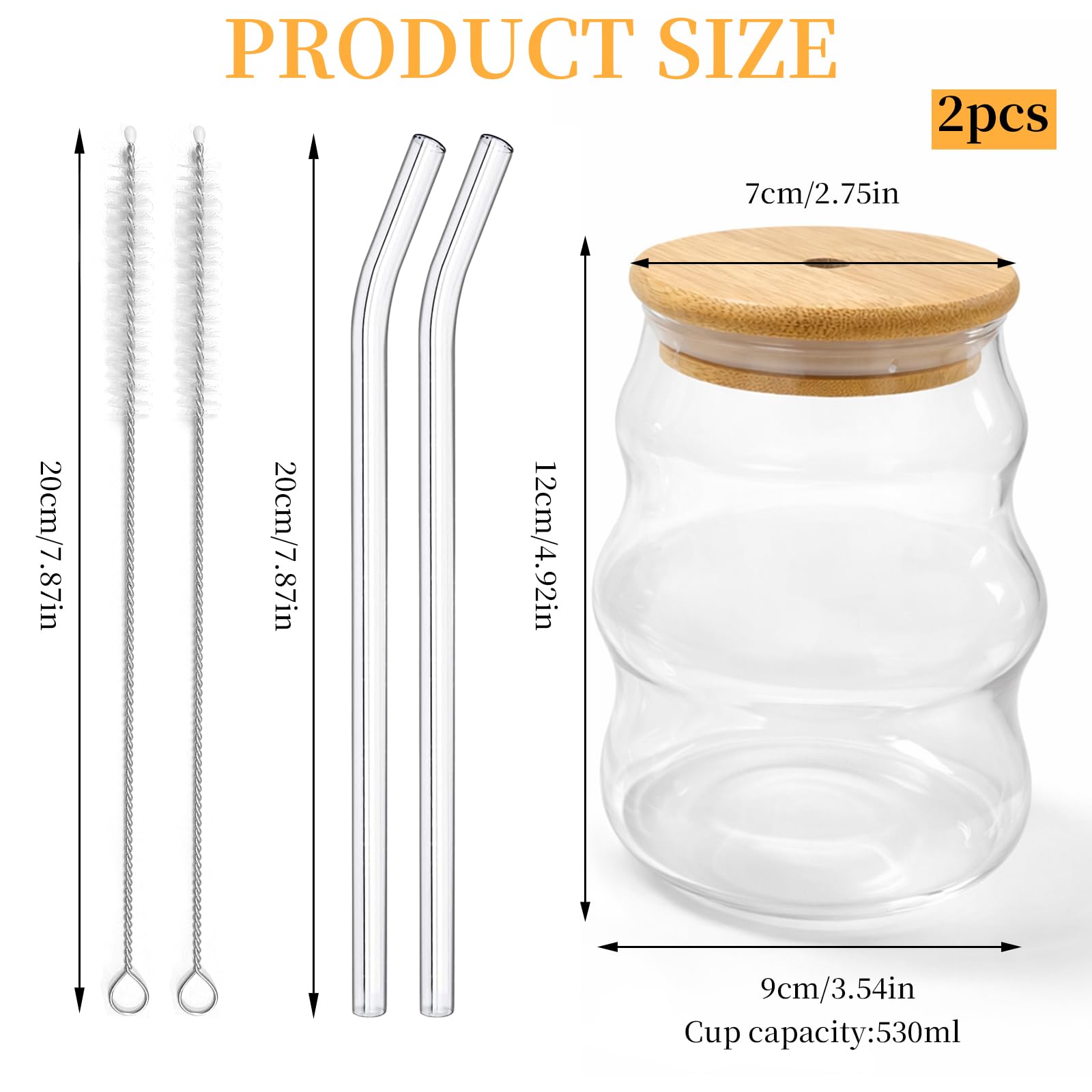 Set di 2 Bicchieri a Bolle in Vetro Ondulato 530 ml con Coperchio, Cannuccia in Vetro e Spazzola, Ideali per Latte Macchiato, Cappuccino, Caffè Freddo e Cocktail