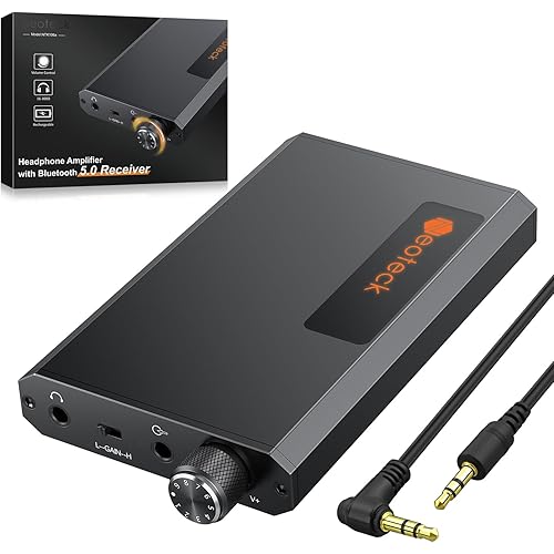 Neoteck Portable 3.5mm Headphone Amplifier with Bluetooth 5.0 Receiver, Two-Stage Gain Switch, 16-300 Ohm HiFi Earphone Amp, Aluminum Matte Surface