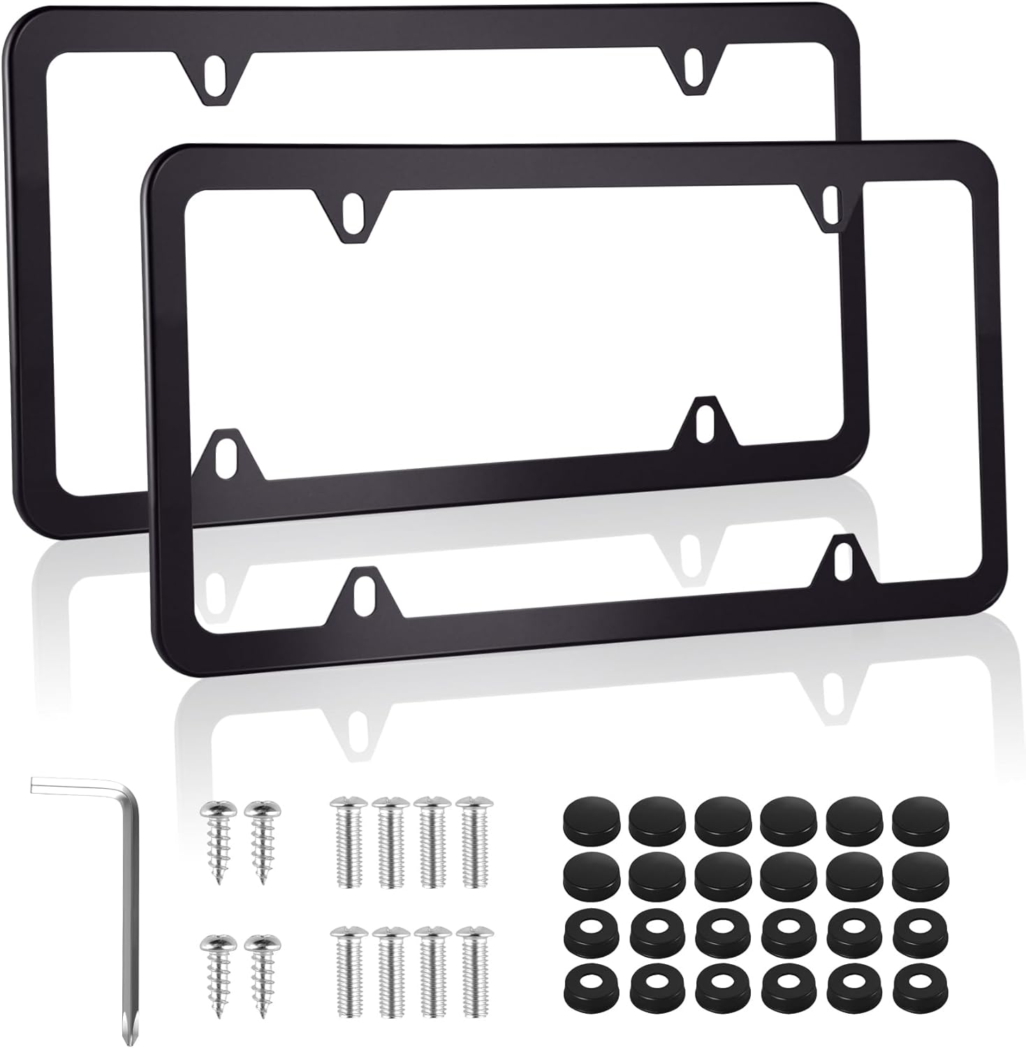 Alpmosn Black Stainless Steel License Plate Frames 2 Pack - Rustproof 4-Hole Holders with Screws, Washers, Caps for US Cars, Trucks & Trailers