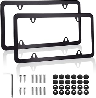Alpmosn Black Stainless Steel License Plate Frames 2 Pack - Rustproof 4-Hole Holders with Screws, Washers, Caps for US Cars, Trucks & Trailers