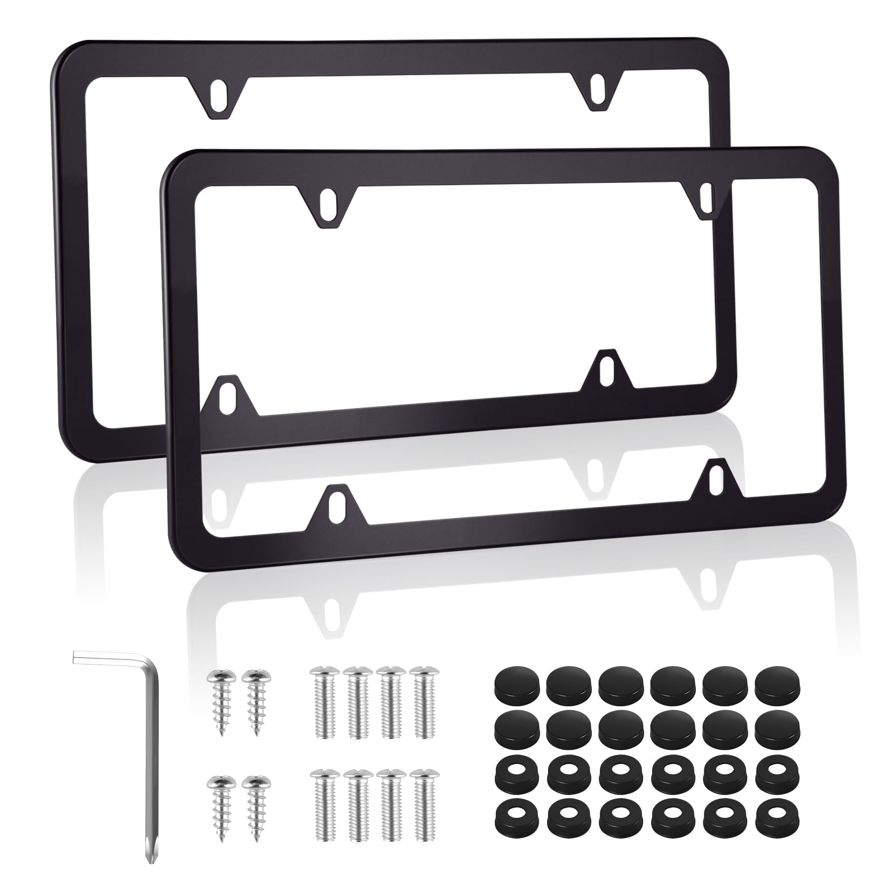 Alpmosn 2PCS Stainless Steel License Plate Frames, 4 Holes Car Licence Plate Covers with Screws Washers and Caps, Car Exterior Accessories, License Plate Holder for US Vehicles (Black)