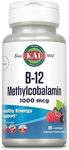 KAL Pastillas de vitamina B-12 metilcobalamina 1000mcg, energía saludable, metabolismo, nervios y glóbulos rojos,* absorción óptima, sabor a bayas