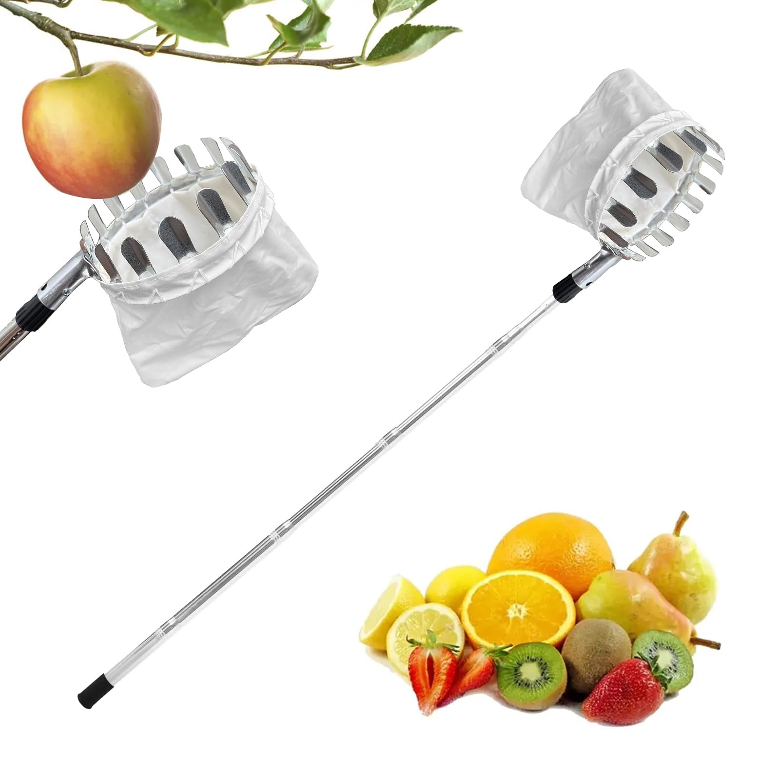 Obstpflücker, Teleskopische Obstpflückstange, Mehrzweckpflücker aus rostfreiem Stahl, lange Obstpflückstange für Obstgärten, Apfelpflücker,Kirschenpflücker mit Baumwollbeutel (Rostfreier Stahl, 1.6m)