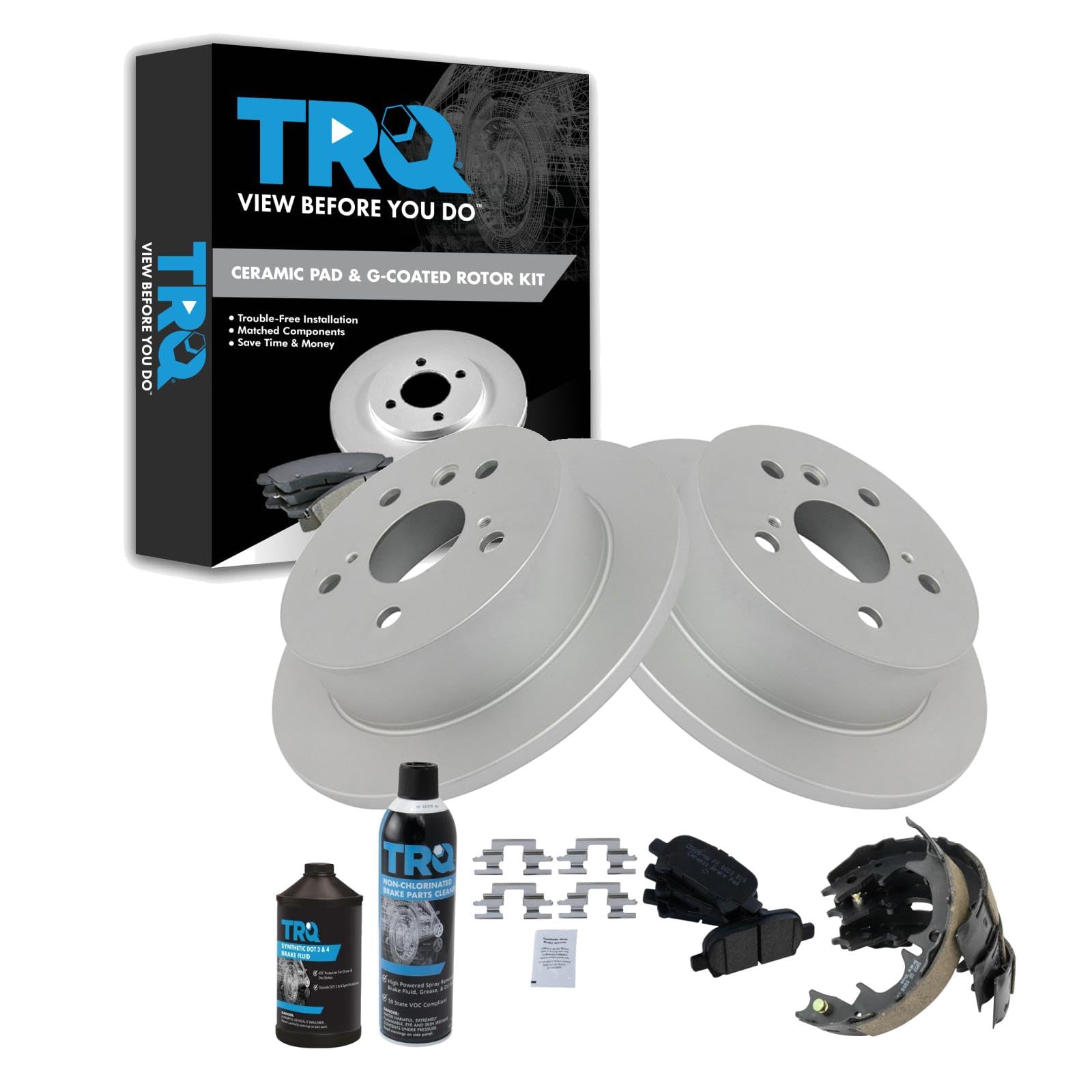 TRQ Rear Brake Pad &amp; Rotor Kit, with Chemical Kit Parking Brake Shoe Set Ceramic Premium G-Coated Compatible with 2005-2007 Toyota Avalon 2002-2006 Camry 2004-2008 Solara