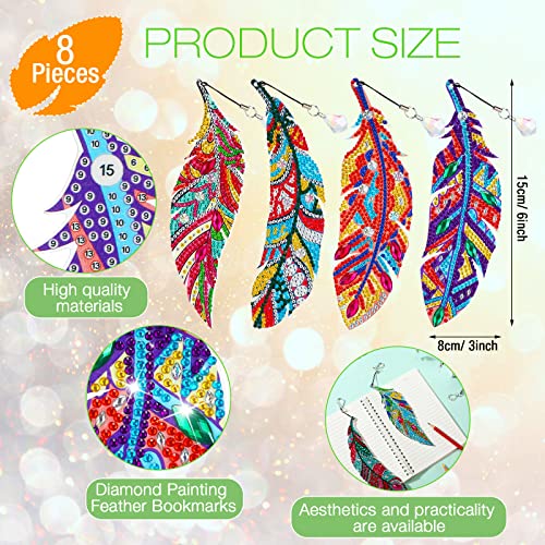 8 Pieces 5D Diamond Painting Feather Bookmarks Diy Diamond Art Acrylic Bookmarks Rhinestone Feather Bookmarks Kits With Crystal Pendant For Kids Adults Home Class Craft School Supplies, 8 Styles #TOP1