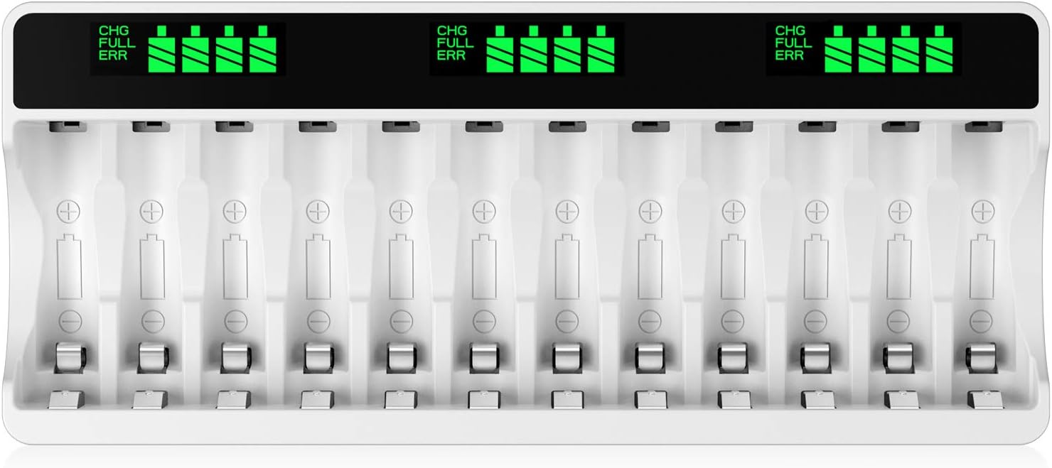 12 Slots LCD Battery Charger for AA & AAA Rechargeable Batteries, Type C Input(5V 2A), Battery Detection Technology