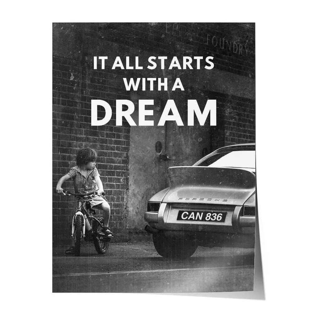 PERSONALISIERBARES Porsche Poster mit WUNSCHKENNZEICHEN | It all starts with a dream | Motivationsbilder | Porsche 911 Poster Auto Bild | Wandbild Büro Deko Office Garage Geschenk Männer Werkstatt