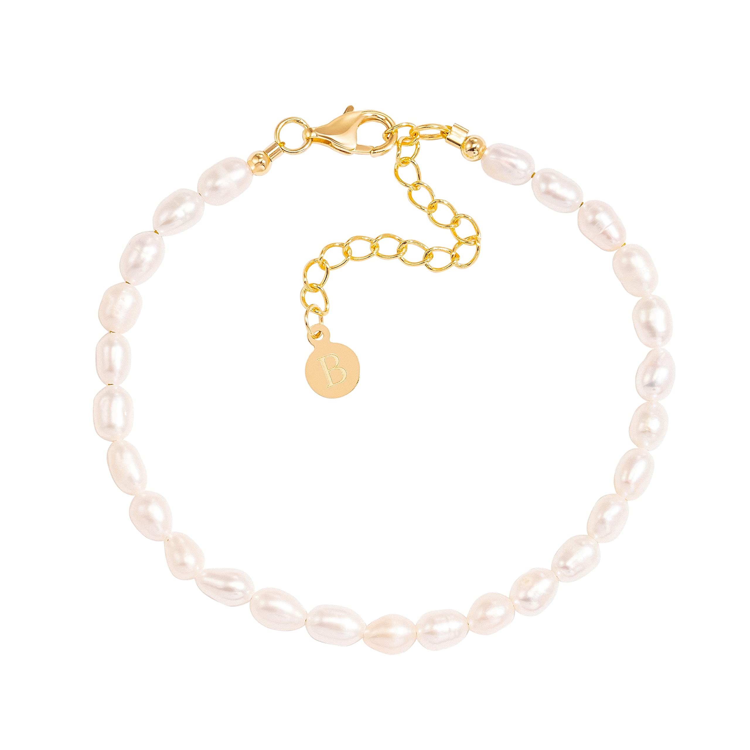 Brandlinger Perlenarmband Damen Silber 925. Armband Perlen vergoldet mit 18 Karat Gold, Schmuck für Frauen und Mädchen. Länge verstellbar 16-20cm.