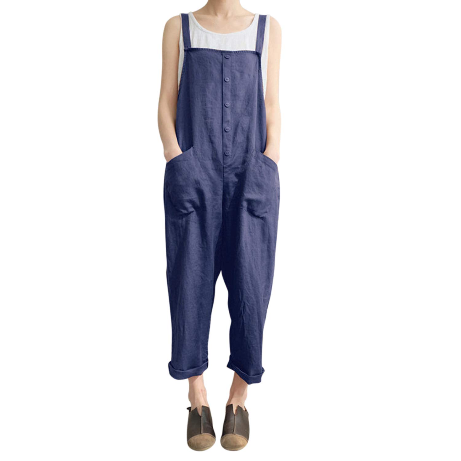 Runstarshow Womens Linen Overalls Baggy Adjustable Strap