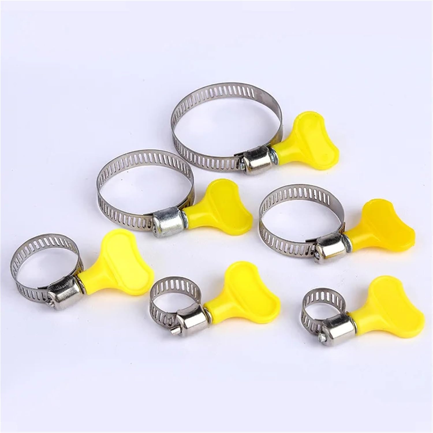 5 pcs 8-44mm Adjustable Yellow Plastic Handle Hand Twist Hose Clamps Worm Driving Stainless Steel Pipe Clips for Tube(13-19mm)