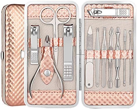 Okbool Manicure Pedicure Set Nail Clipper Grooming Kit Professional Stainless Steel Scissors 12 In 1 With Travel Leather Case (Rose Gold)