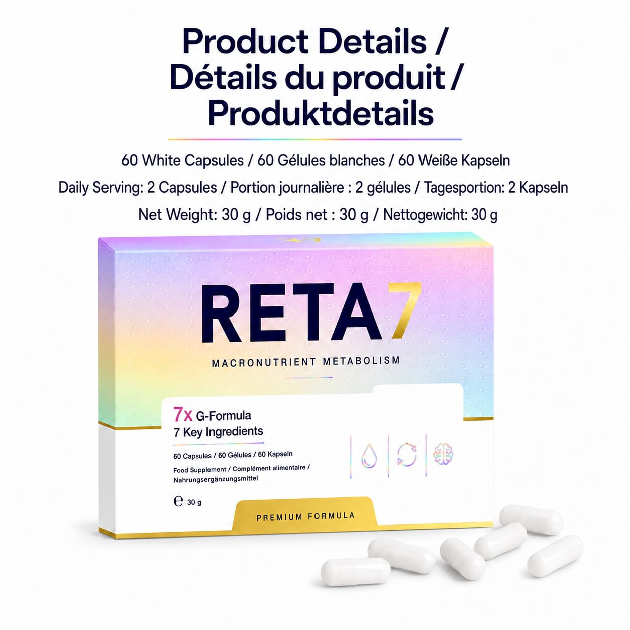 RETA7 G-Formula Nahrungsergänzungsmittel, 60 Kapseln, 3-fach Kapsel-Formel mit Guarana, Apfelessig-Extrakt, Inulin, Aminosäuren, Zink und Chrom