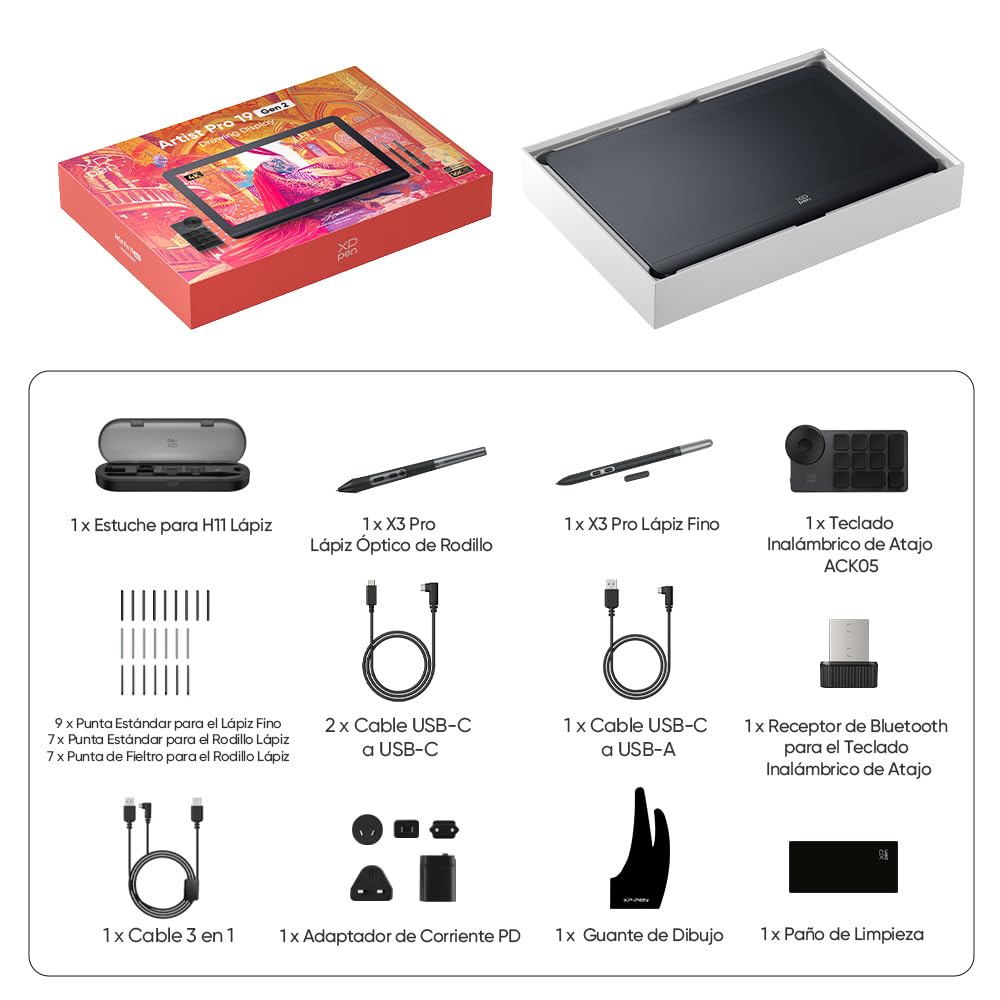 XPPen Artist Pro 19 Gen2 Tableta Gráfica con Pantalla 4K con 2 Lápiz 16K Niveles de Presisón, Tableta Dibujo Digital Profesional 18.4 Pulgadas Compltamente Laminada 156% sRGB con ACK05 Mini Teclado