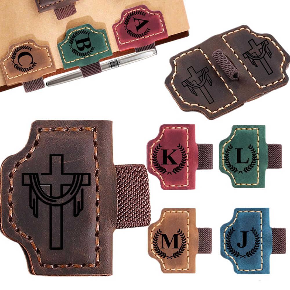 Custom Bookmark with Pen Holder with 26 Letters Personalized Magnetic Leather Book Mark, Customized Name Book Marker Clip with Initial for Men Women, Gifts for Book Lovers, Readers, (Coffee, Cross-2)