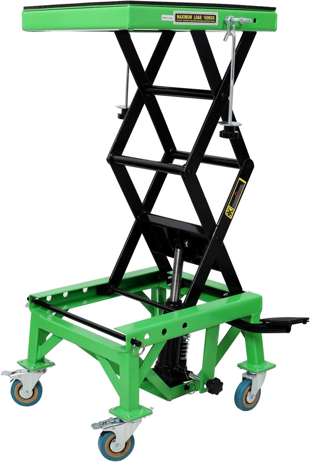 350 Lbs Hydraulic Motorcycle Scissor Jack Lift Foot Step Wheels for Small Dirt Bikes, ATV Dirt Bike Scissor Stand with 4 Wheels, Green Steel Black+Green Secure Elevation Hydraulic Jack -