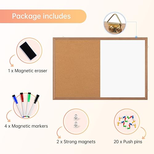 Vista 4 de Pizarra magnética de corcho con combinación de pizarra blanca, 36 x 24 pulgadas, pizarra blanca de borrado en seco, tablero de corcho para pared