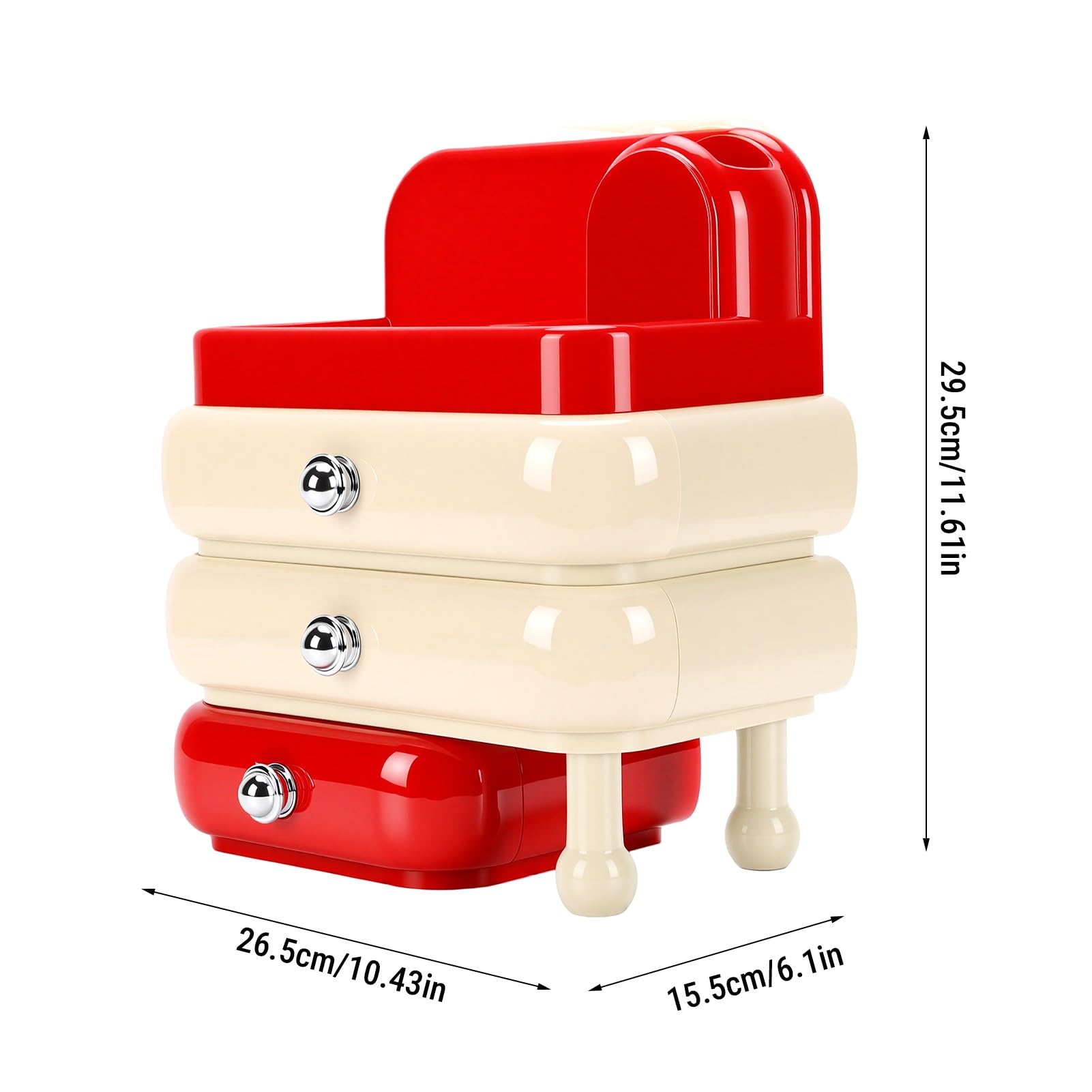 Organizador de Cosméticos Caja de Almacenamiento Elegante con 3 Cajones para Brochas de Maquillaje Cuidado de la Piel ABS Ligero 29,5 X 15,5 X 26, Cm (Roja)