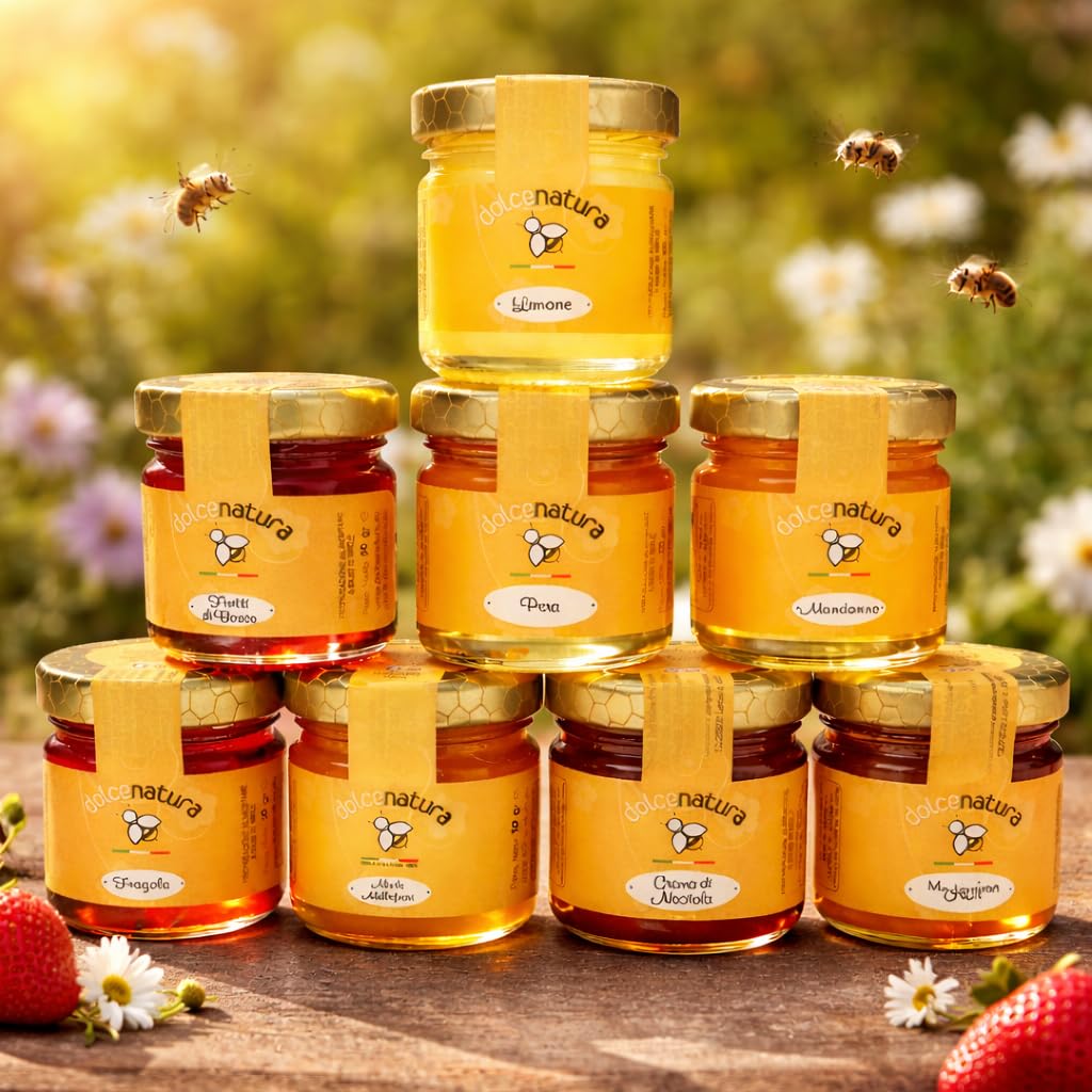 Set Degustazione Miele 8 Vasetti 50g - Miele Italiano Naturale Gusti Assortiti Pera Fragola Limone Mandarino Fichi Frutti di Bosco Nocciola Millefiori Mini Formato Idea Regalo Gourmet (Dolce Natura)