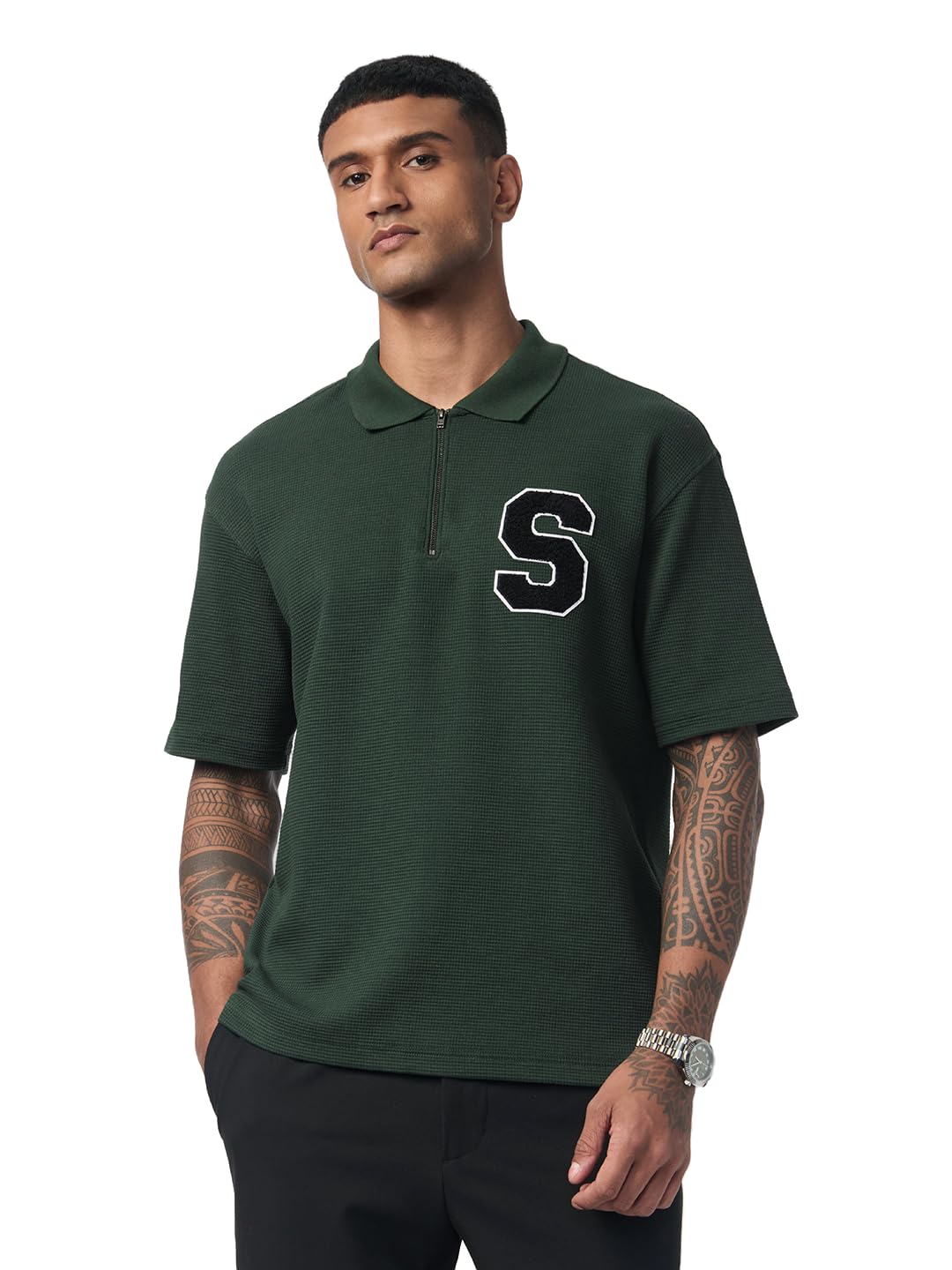Forest Men and Boys Short Sleeve Spread Collar Forest Green Embroidered Cotton Blend Oversized Fit Breathable Stretchable Everyday All-Season Polos-image-38