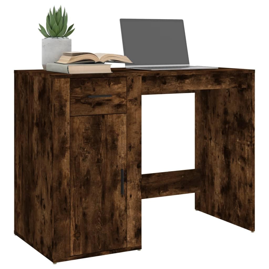 Biurko dąb wędzony 100 x 49 x 75 cm z materiału drewnopochodnego z szufladą, szafką, zarządzaniem kablami, idealne do biura, biura domowego, gabinetu, pokoju młodzieżowego i dziecięcego