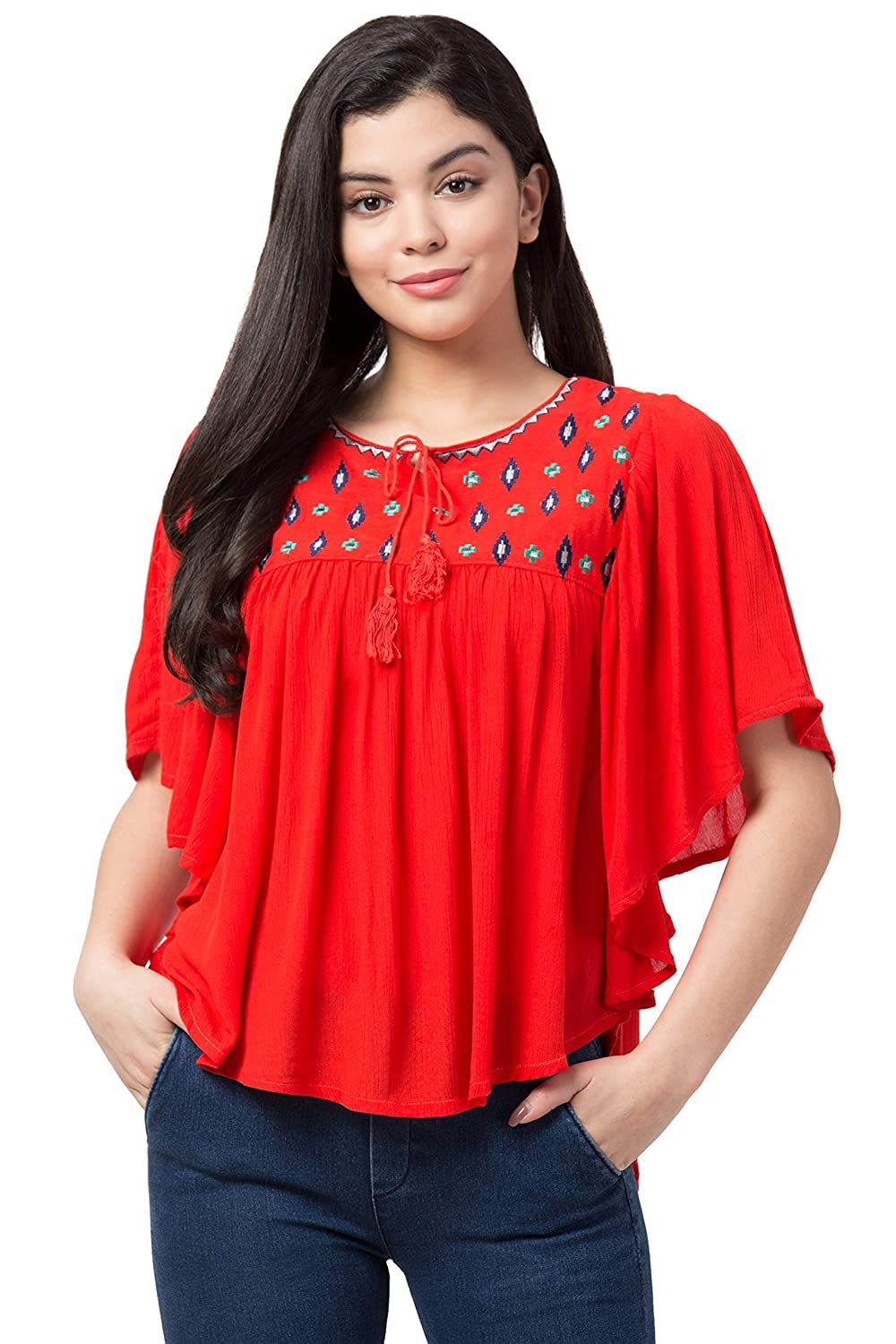 Women's Trendy Embroidered Kaftan Style Indo Western Top|Ponchos| Tops Under 500|Ruffle Sleeves|Loose Fit|Best Summer Outfit XS,S,M,L,XL| (Medium, Red)