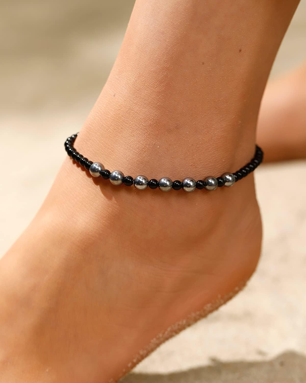 Black Agate and Terahertz Beaded Anklet Beach Foot Jewelry Crystals and Stones Spiritual Protection Balance Ankle Bracelets for Women - Image 2