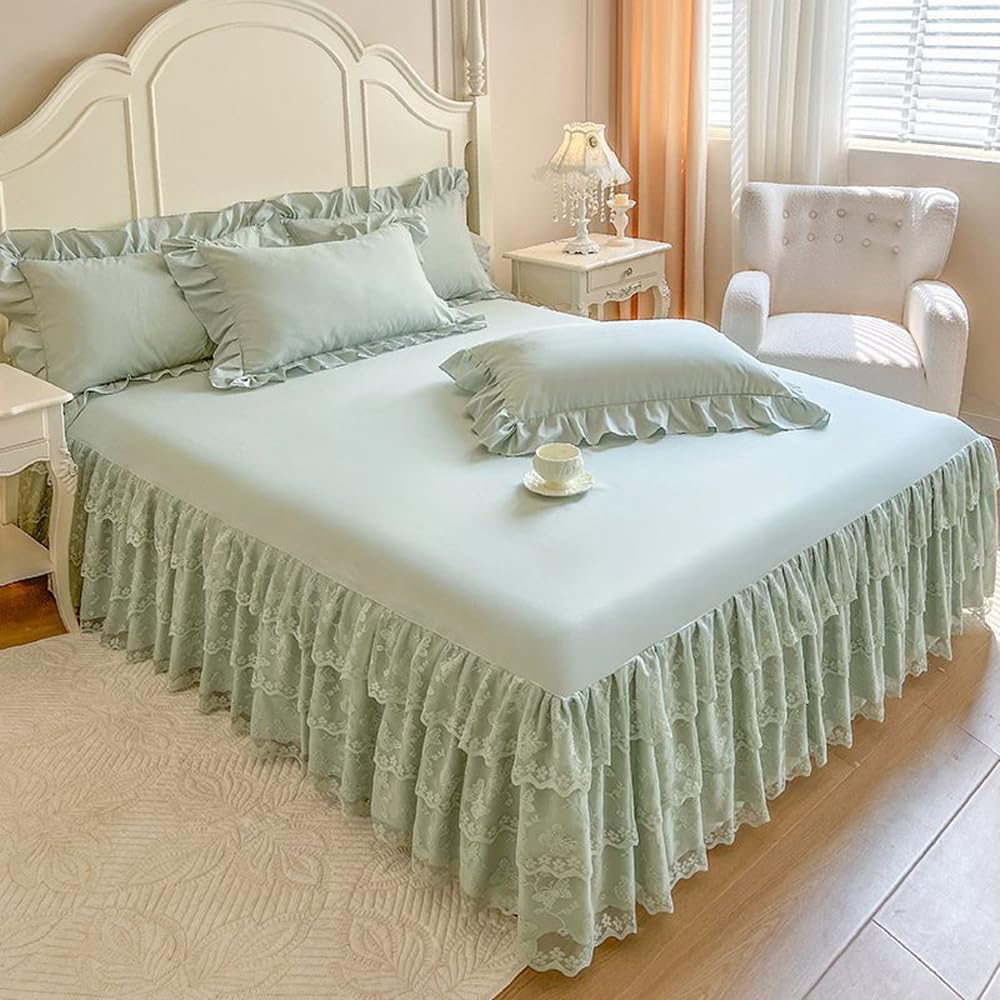 3-Tier Ruffled Lace Bed Skirt 17 Inch Drop Bed Sheet Multi-Layer Dust Ruffle Wrinkle & Fade Resistant, Easy Fit King Size