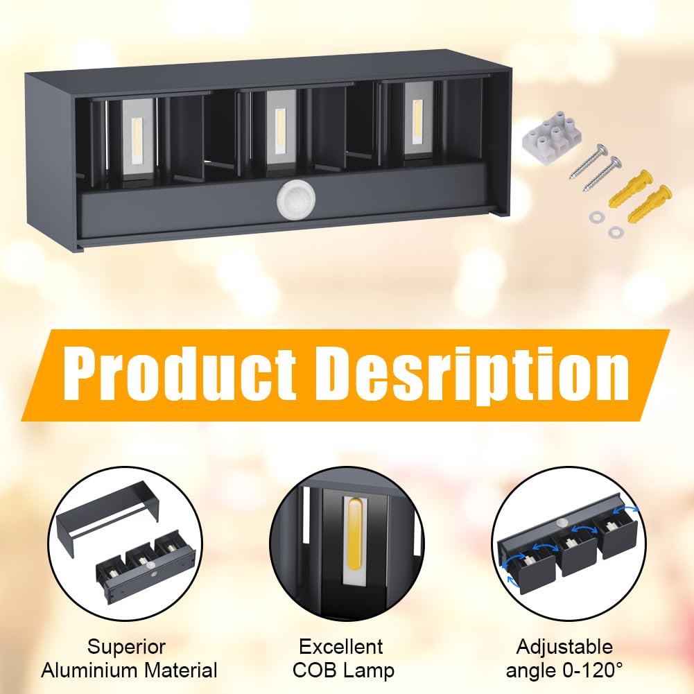 Klighten Lampada da esterno, 30W Applique da Parete con sensore di movimento per luci esterni/interni Lampada da parete con fascio regolabile IP65 Impermeabile 3000K, Antracite