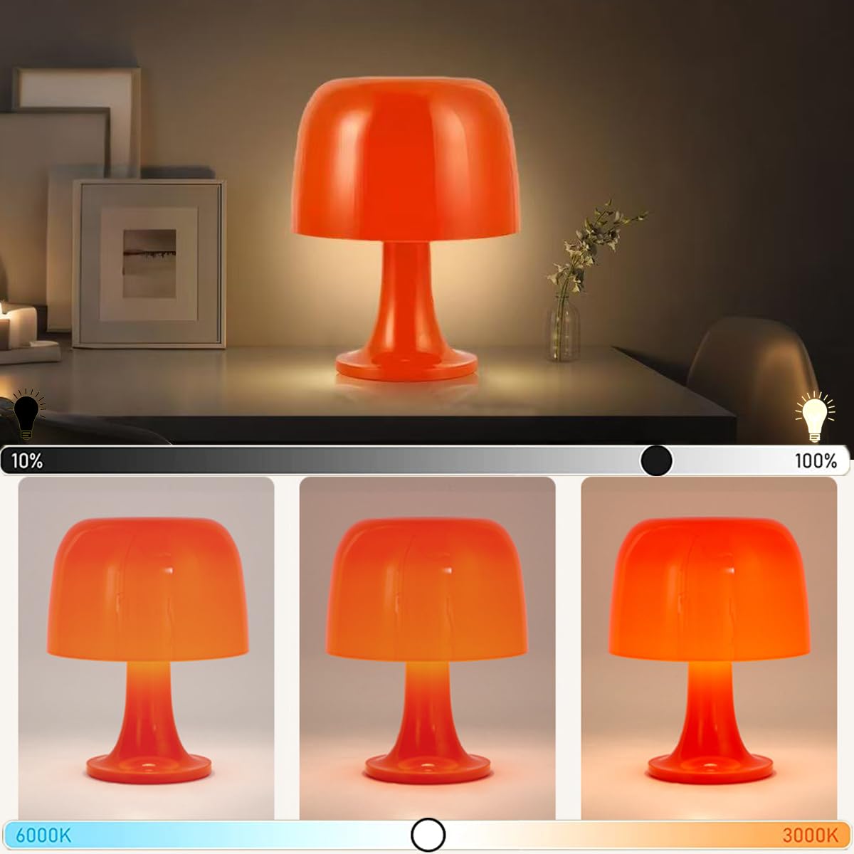 EaEa Lampa stołowa w kształcie grzyba w kolorze pomarańczowym LED Lampa stołowa do sypialni z akrylu Z regulacją jasności 3000K-6000K Lampa nocna USB Lampa nocna w stylu retro do salonu lub hotelu