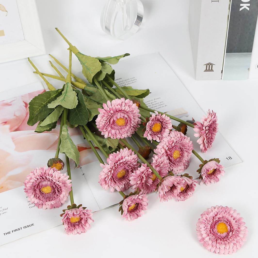 8pcs Chrysanthemum Flowers Artificial Fake Silk Pot Marigold Flowers Faux Daisy Bouquet with Stems for Home Wedding Dining Table Party Decor(Light Purple) - Image 4