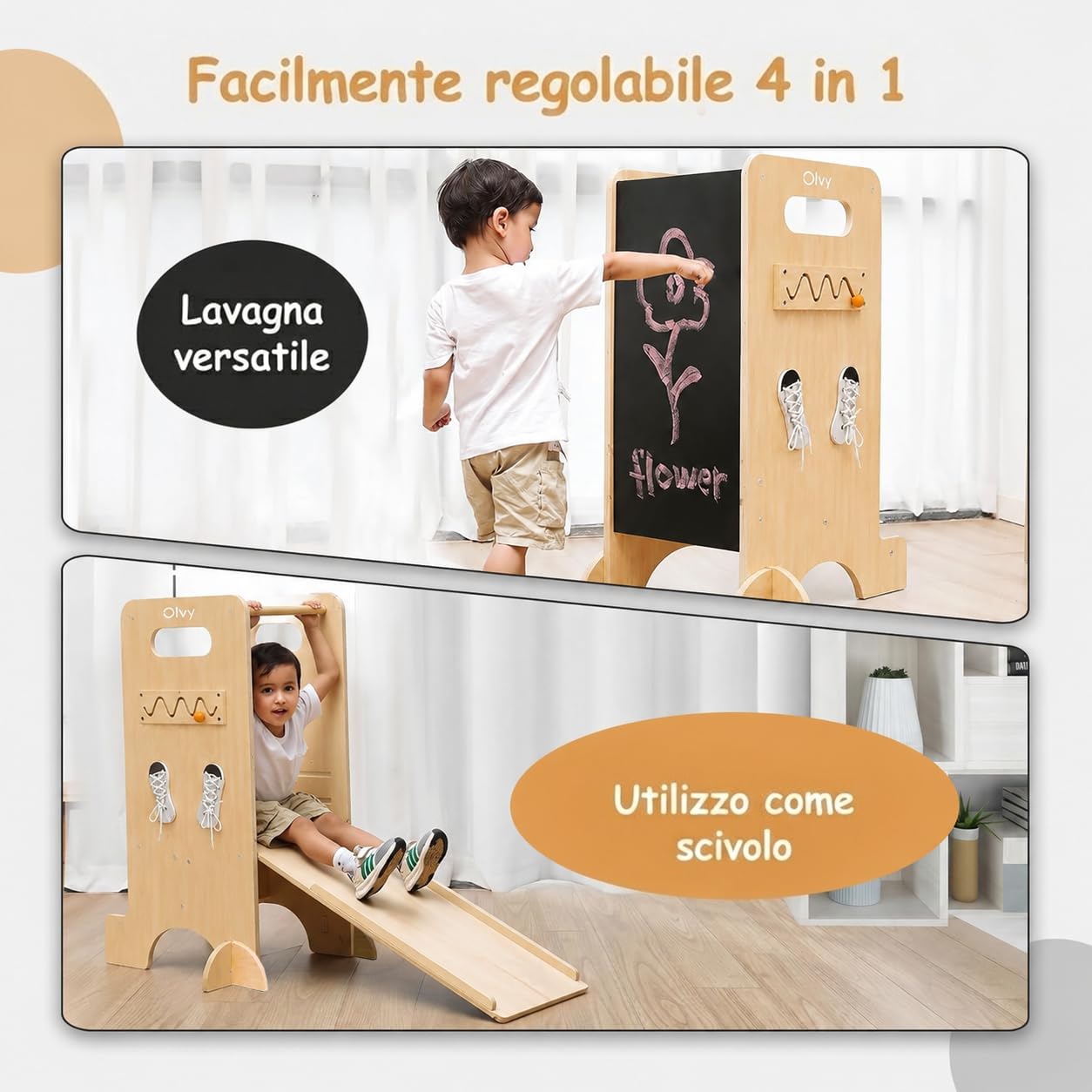 Olvy Kids 4-in-1 Montessori Torretta Apprendimento - Learning Tower - Scaletta Legno - Scaletta Bambini 4 Gradini - Torre Cucina Bambini