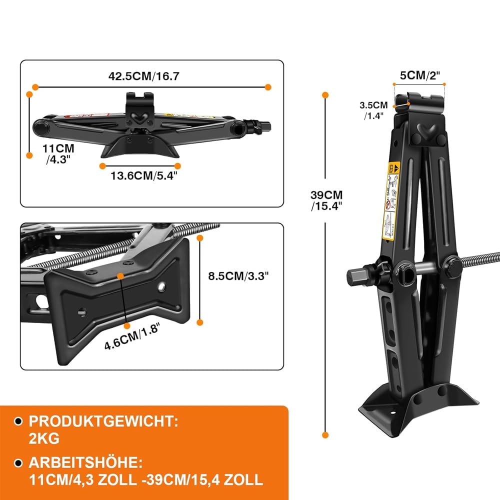1 Set Cric à Ciseaux avec Clé à Cliquet pour Toyota Yaris III Hybrid Hayon 2015-2020, Levage de Voiture 2 Tonnes Capacité de Charge Hauteur 11-39cm