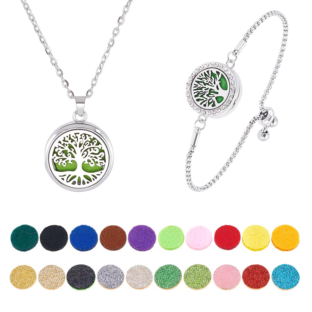 PH PandaHall 2pcs Essential Oil Diffuser Bracelet Necklace Set, Tree of Life Stainless Steel Pendants Charms Adjustable Aromatherapy Locket Jewelry with 20 Random Color Refill Pad for Women Mom Gift