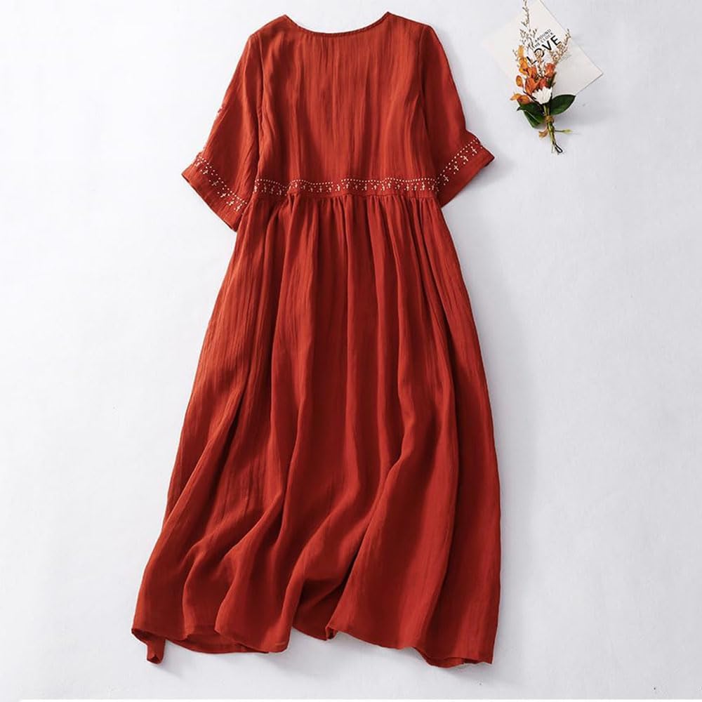 Vestido Largo de Lino y algodón con Bordado Floral para Mujer, Estilo Bohemio, clásico de Verano, con Media Manga y Cuello Redondo.