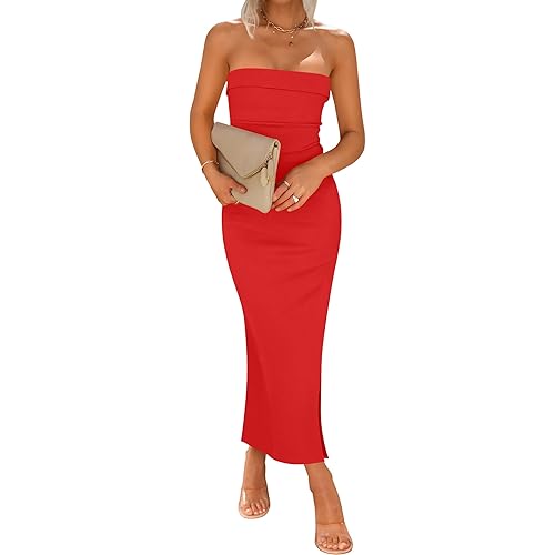 ZESICA Women's Summer Strapless Bodycon Midi Dress 2024 Off Shoulder Strapless Side Slit Tube Long Club Party Dresses