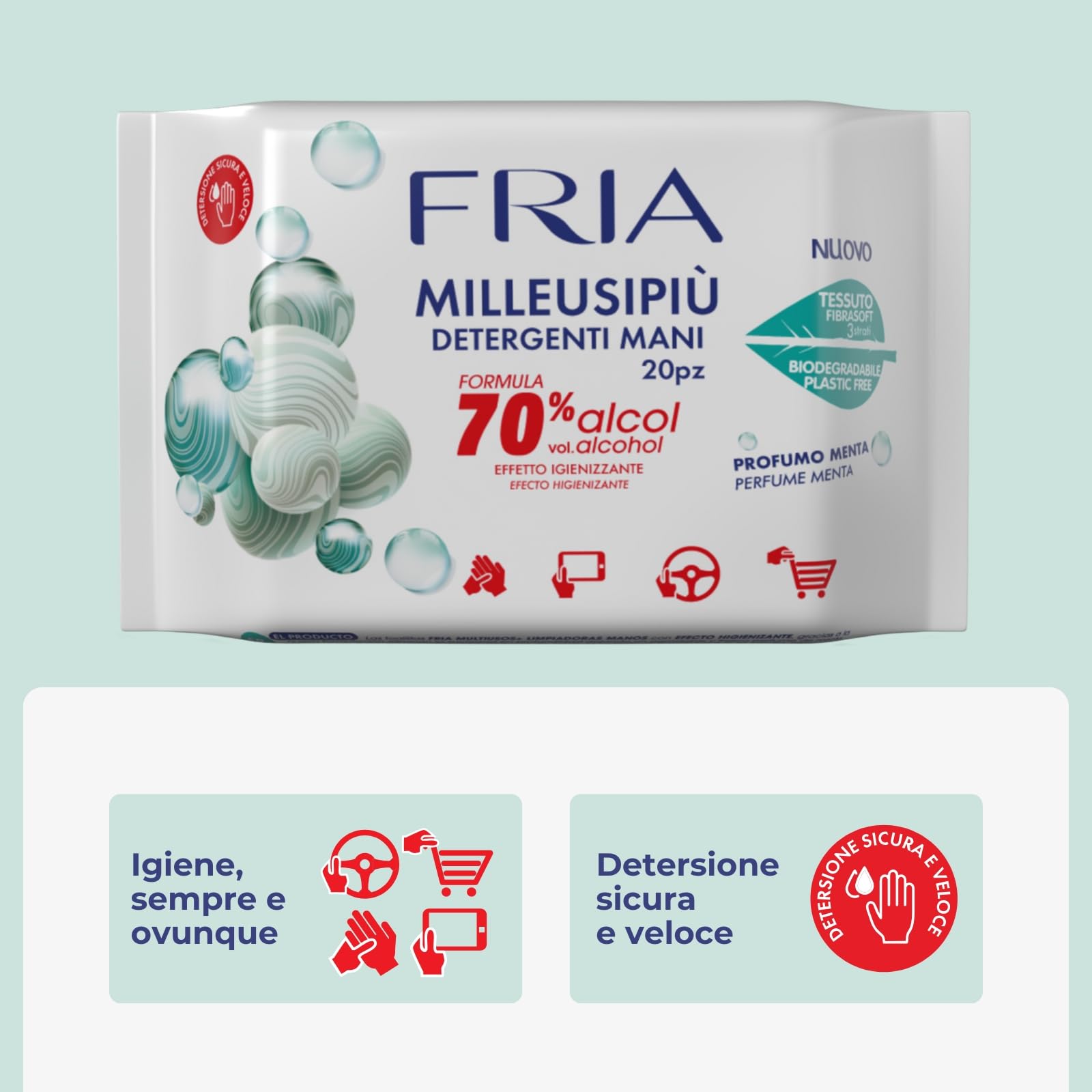 Fria MilleusiPiù Igienizzanti, Salviette Detergenti con Formula Igienizzante al 70% di Alcol, Tessuto Fibrasoft 3 Strati Biodegradabile, Confezione da 20 Salviette
