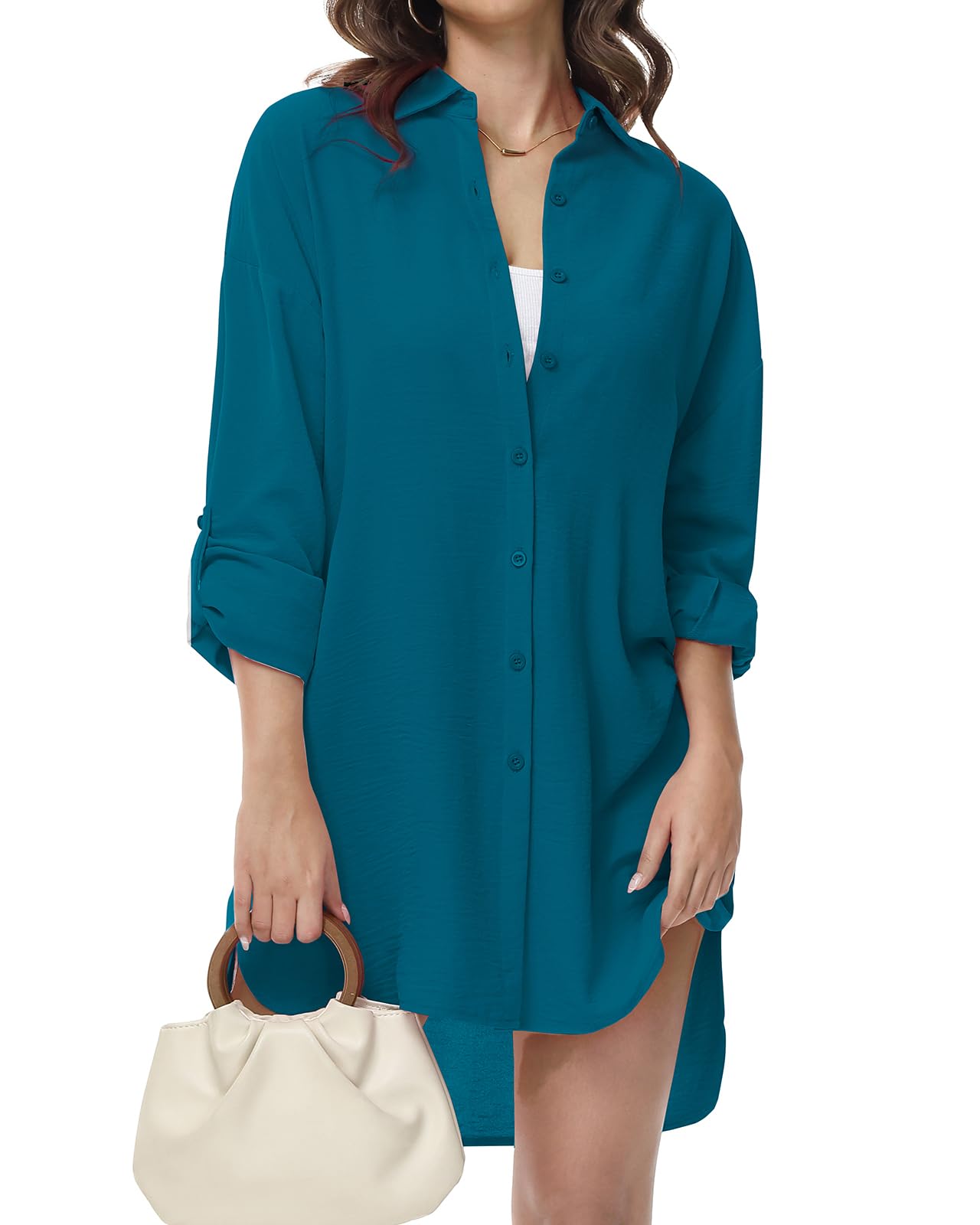 Tanmolo Damen Bluse Langarm Hemdbluse Lässige Longbluse | V-Ausschnitt, Langarmshirt, Knopfleiste, Krempelärmel, Lässiges Longshirt, Ideal zu Leggings