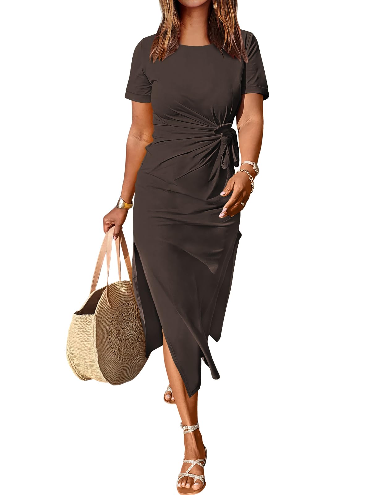 ANRABESSWomen’s 2024 Summer Short Sleeve Crewneck T Shirt Maxi Dress Tie Waist Casual Slim Fit Slit Long Beach Dresses