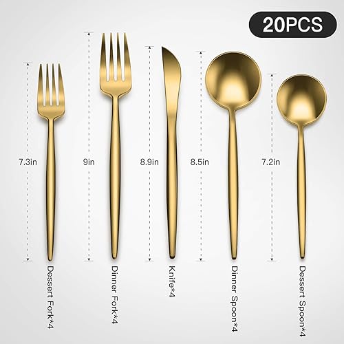 Miniatura 2 de Juego de cubiertos dorados de acero inoxidable mate de 20 piezas juego de cubiertos de acero inoxidable para 4 juego de utensilios de cocina con