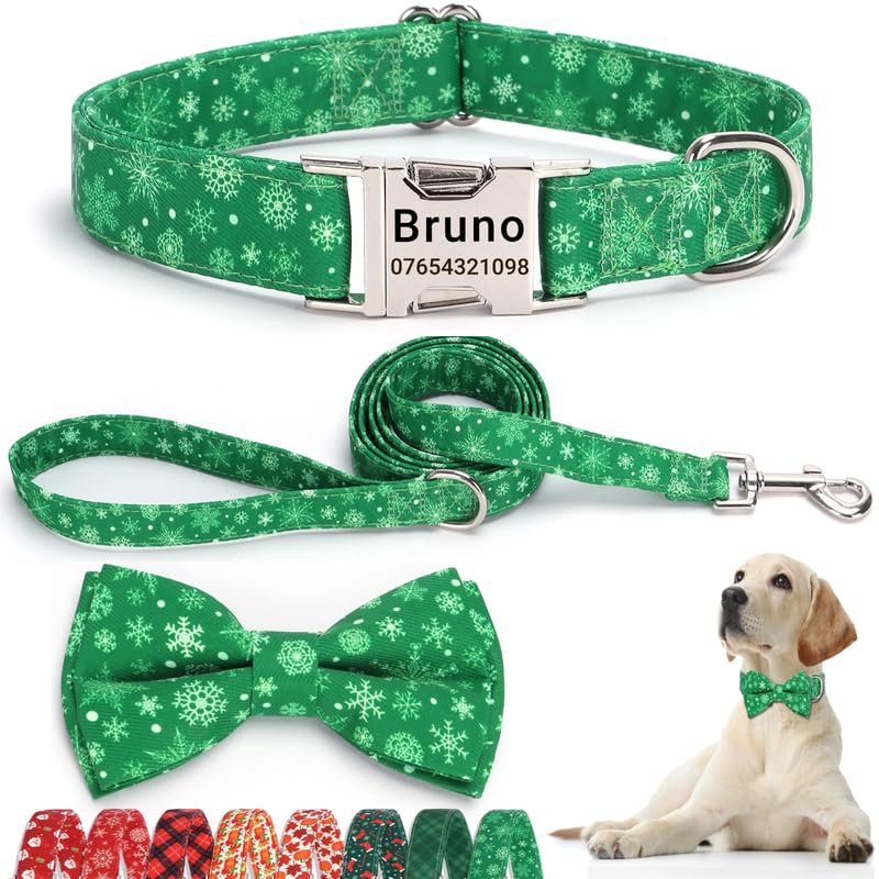 SEOUGEE Christmas Dog Collar Personalised with Bowtie & Lead Set, Adjustable Cotton Dog Collars and Leash with Engraved Metal Buckle for Large Dogs (Green Snowflake Set, XL:Neck 45-70cm) — image 1