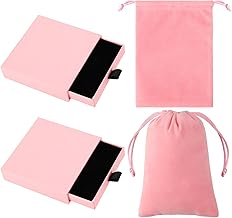 4Pcs Pink Gift Box with Lids and Velvet Jewellery Pouches Set, Small Jewellery Gift Boxes Jewellery Bags Drawstring Bags for Necklace for Wedding, Valentine's Day, Anniversary