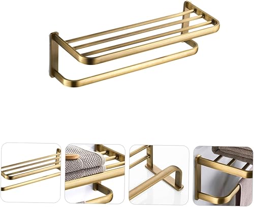 Miniatura 3 de Homoyoyo Retro Brass Bathroom Wall-Mounted Storage Rack High Load Towel Holder Shelf for Bath and Hand Towels Easy Installation Space-Saving