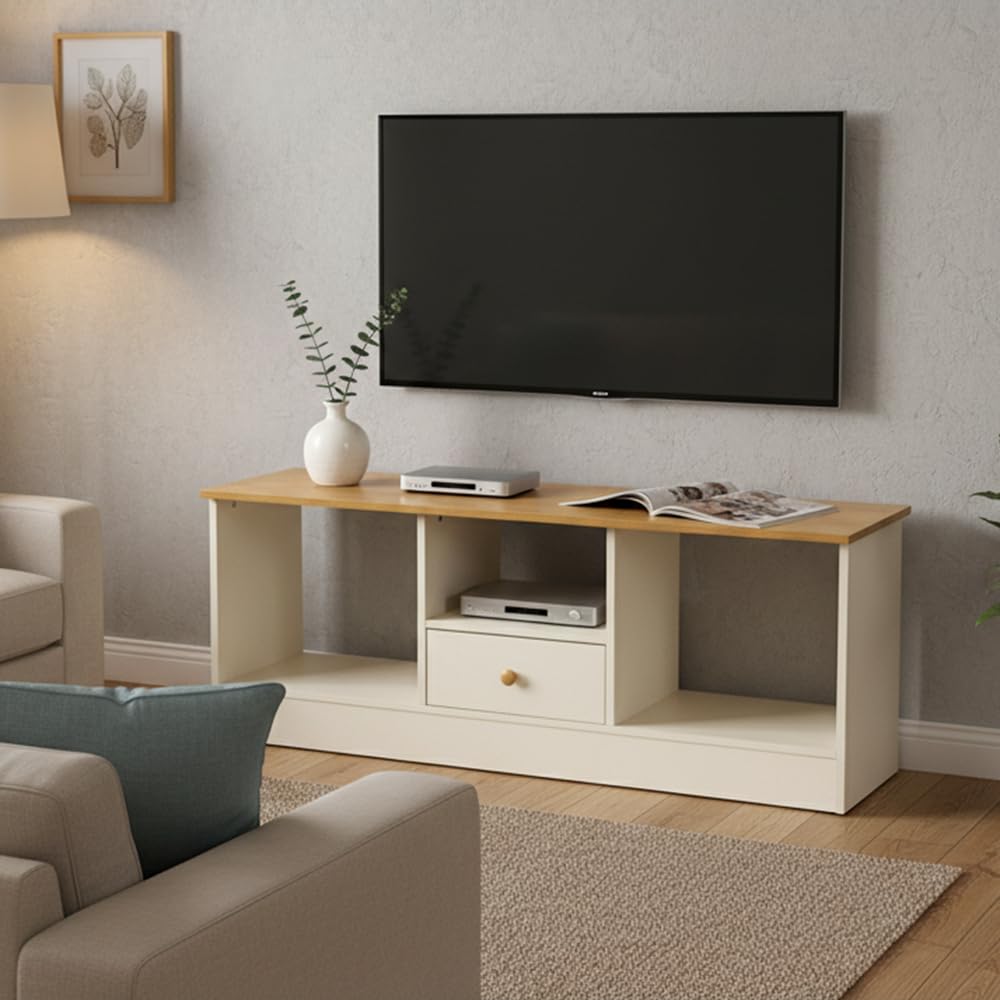 TV-Schrank 90cm, Moderner Fernsehschrank mit Schublade & 3 Fächern, Weiß-Holzoptik, Stabil & Platzsparend, für Wohnzimmer, Schlafzimmer
